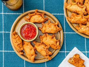 Overhead view of empanadas on a checkered blue background