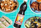 A collage of fish sauce and different dishes.
